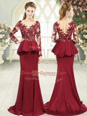 Long Sleeves Sweep Train Zipper Lace and Appliques Dress for Prom