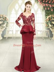 Long Sleeves Sweep Train Zipper Lace and Appliques Dress for Prom