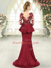 Long Sleeves Sweep Train Zipper Lace and Appliques Dress for Prom