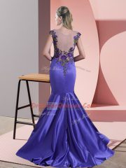 Sleeveless Satin Sweep Train Side Zipper Dress for Prom in Green with Beading and Lace and Appliques