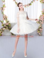 Scoop Short Sleeves Court Dresses for Sweet 16 Mini Length Lace Champagne Tulle