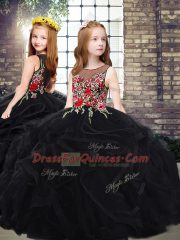 Latest Black Sleeveless Sweep Train Embroidery and Ruffles Little Girls Pageant Dress Wholesale