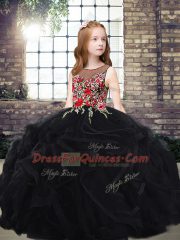 Latest Black Sleeveless Sweep Train Embroidery and Ruffles Little Girls Pageant Dress Wholesale