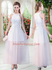 Scoop Sleeveless Prom Party Dress Ankle Length Appliques White Tulle