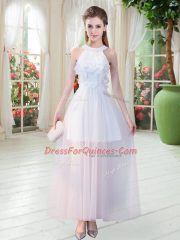 Scoop Sleeveless Prom Party Dress Ankle Length Appliques White Tulle