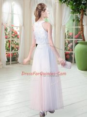 Scoop Sleeveless Prom Party Dress Ankle Length Appliques White Tulle