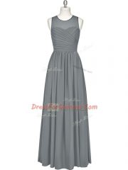 Excellent Grey Chiffon Zipper Scoop Sleeveless Floor Length Evening Dress Ruching