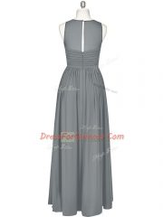 Excellent Grey Chiffon Zipper Scoop Sleeveless Floor Length Evening Dress Ruching