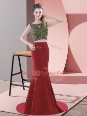 Red Sleeveless Sweep Train Beading Prom Dresses