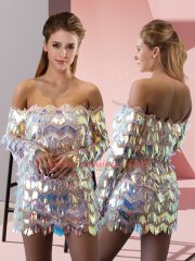 Silver Prom Dress Prom and Party with Ruching Off The Shoulder Long Sleeves