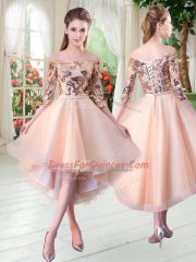 3 4 Length Sleeve High Low Sequins Lace Up Prom Evening Gown with Peach