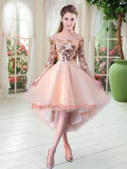 3 4 Length Sleeve High Low Sequins Lace Up Prom Evening Gown with Peach