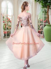 3 4 Length Sleeve High Low Sequins Lace Up Prom Evening Gown with Peach