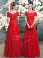 Red Lace Up Homecoming Dress Lace Short Sleeves Floor Length