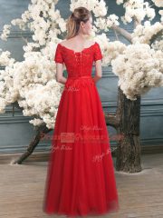 Red Lace Up Homecoming Dress Lace Short Sleeves Floor Length