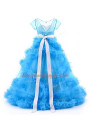 Short Sleeves Floor Length Beading and Ruffles Backless Little Girl Pageant Dress with Baby Blue