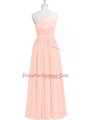 Edgy Pink Side Zipper One Shoulder Lace Dress for Prom Chiffon Sleeveless