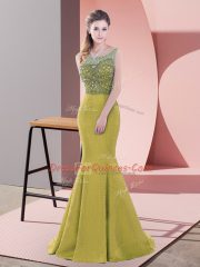 Glittering Sleeveless Satin Sweep Train Backless Prom Evening Gown in Olive Green with Beading and Lace