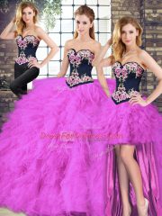 Fuchsia Tulle Lace Up Quinceanera Gowns Sleeveless Floor Length Beading and Embroidery