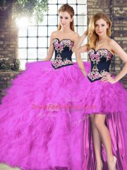 Fuchsia Tulle Lace Up Quinceanera Gowns Sleeveless Floor Length Beading and Embroidery
