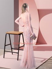 Scoop Sleeveless Floor Length Sequins Pink Tulle