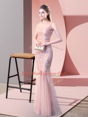 Scoop Sleeveless Floor Length Sequins Pink Tulle