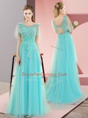 High End Aqua Blue Tulle Backless Dress for Prom Sleeveless Sweep Train Appliques
