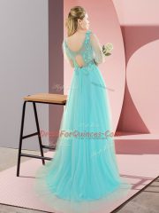 High End Aqua Blue Tulle Backless Dress for Prom Sleeveless Sweep Train Appliques