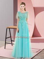 High End Aqua Blue Tulle Backless Dress for Prom Sleeveless Sweep Train Appliques