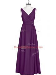 High Class Sleeveless Floor Length Ruching Zipper Prom Dresses with Eggplant Purple