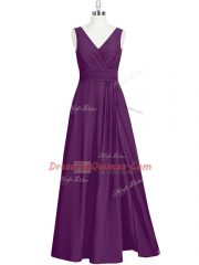 High Class Sleeveless Floor Length Ruching Zipper Prom Dresses with Eggplant Purple