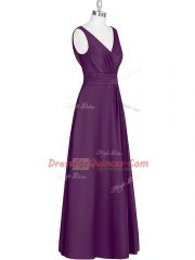 High Class Sleeveless Floor Length Ruching Zipper Prom Dresses with Eggplant Purple