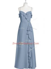 Hot Selling Chiffon Spaghetti Straps Sleeveless Zipper Ruching Prom Dresses in Blue