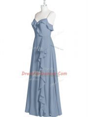 Hot Selling Chiffon Spaghetti Straps Sleeveless Zipper Ruching Prom Dresses in Blue