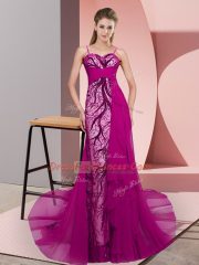 Fuchsia Sleeveless Sweep Train Beading and Lace Prom Gown