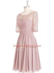 Half Sleeves Zipper Knee Length Lace and Ruching Prom Party Dress