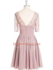 Half Sleeves Zipper Knee Length Lace and Ruching Prom Party Dress