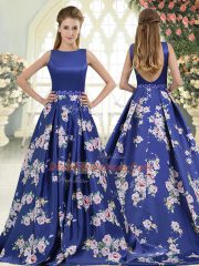 Discount Royal Blue Sleeveless Brush Train Beading and Pattern Prom Dresses