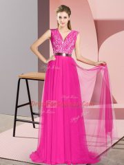 Low Price Fuchsia V-neck Sleeveless Sweep Train Zipper