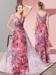 Excellent Printed V-neck Sleeveless Zipper Pattern Evening Dress in Multi-color