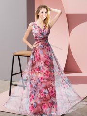 Excellent Printed V-neck Sleeveless Zipper Pattern Evening Dress in Multi-color