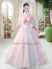 High End Floor Length Zipper Evening Dress White for Prom and Party with Appliques