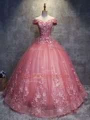 Watermelon Red Ball Gowns Tulle Off The Shoulder Sleeveless Appliques Floor Length Lace Up Quinceanera Gowns