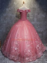 Watermelon Red Ball Gowns Tulle Off The Shoulder Sleeveless Appliques Floor Length Lace Up Quinceanera Gowns