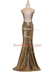 Superior Brown Sequined Backless Prom Party Dress Sleeveless Sweep Train Ruching
