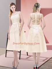 Elegant Scoop Sleeveless Prom Gown Tea Length Beading and Lace Champagne