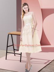 Elegant Scoop Sleeveless Prom Gown Tea Length Beading and Lace Champagne