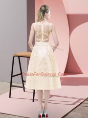 Elegant Scoop Sleeveless Prom Gown Tea Length Beading and Lace Champagne