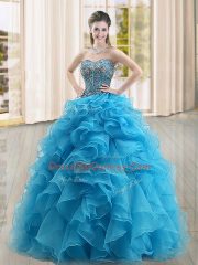 Elegant Baby Blue Ball Gowns Beading and Ruffles Quinceanera Gowns Lace Up Organza Sleeveless Floor Length
