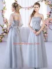 Customized Grey Empire Lace Quinceanera Court Dresses Lace Up Tulle Sleeveless Floor Length